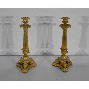 Pair Of Candlesticks In Bronze, Restoration Period - Early Nineteenth