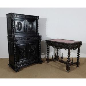 Work Cabinet And Office Table In Oak, Louis XIII Style - Late Nineteenth