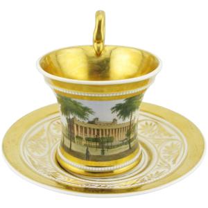19th Century Kpm Topographical Porcelain Cup And Saucer Neues Museum Berlin.