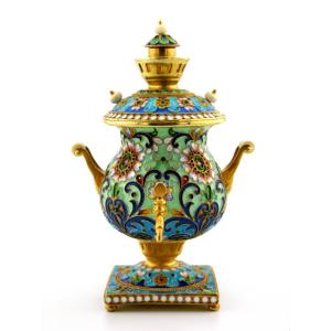 A Silver-gilt And Champleve Enamel Model Of A Russian Samovar