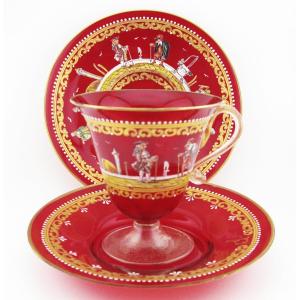 Venetian Murano Commedia Dell'arte Enamel Ruby Glass Cup Saucer Trio