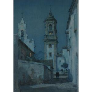 Albert Moulton Foweraker (british 1873-1942) Moonlight Watercolour Of Algeciras