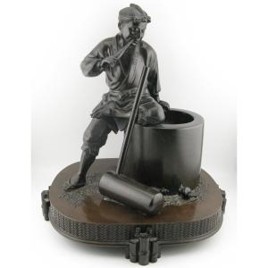 Meiji Period Japanese Bronze Okimono Group Sculpture Of A Mochi Rice Maker