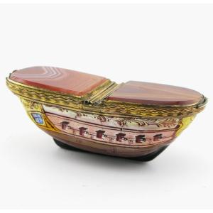18th-century South Staffordshire Bilston Enamel Agate Double Snuff Box Ship