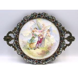 19th-century Porcelain, Bronze, And Champleve Enamel Tray C. Rochette