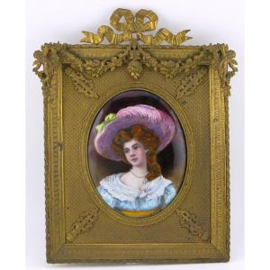 French Enamel Portrait Of A Lady In An Empire Style Frame, Circa 1900