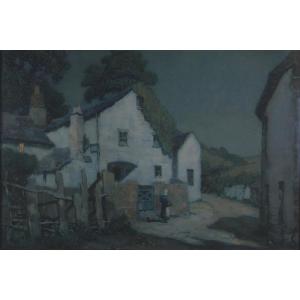 Albert Moulton Foweraker (british 1873-1942) Cottages In Moonlight Watercolour 