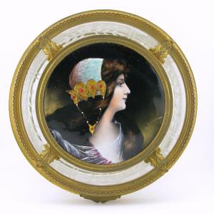 Lucien Delrive Limoges Enamel Portrait Cut Etched Glass And Ormolu Lidded Box