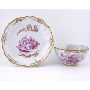 Antique Continental Faience Cup And Saucer, Meissen-style Decoration