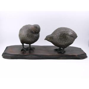 Pair Of Meiji Period Japanese Bronze Quail Attributed To Maruki Co