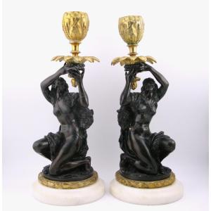 Pair Of French Figurative Candlesticks In Gilt Bronze, 19th Century