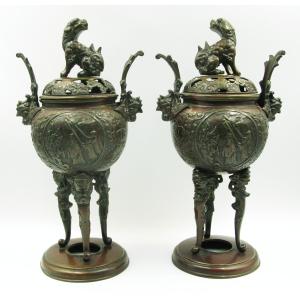 Pair Large Antique Japanese Meiji Period Bronze Koro Incense Burners.