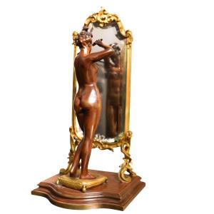Bronze Woman With Mirror, Signed émile Pinédo