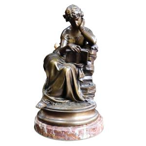 Patinated Bronze Sculpture Of A Young Reader, Signed Chatrousse