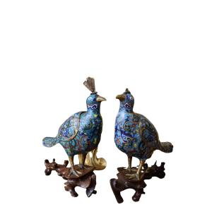Incense Burner - Pair Of Fenghuang Birds In Cloisonné Bronze