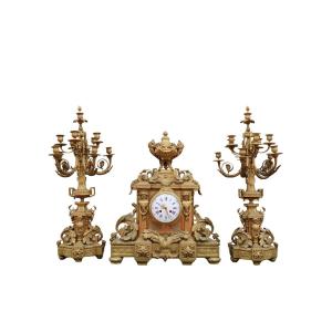 Gilded Bronze Mantelpiece Set: Clock And A Pair Of Candelabra