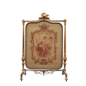 Napoleon III-style Fireplace Screen In Gilded Bronze And Aubusson Tapestry