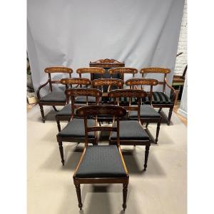 Set Of 6 Chairs, 4 Armchairs And A Fire Screen In Inlaid Rosewood, Restoration Period