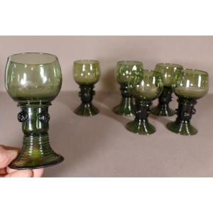 Netherlands, 6 Roemer Wine Glasses In Green Mouth Blown Crystal XIX