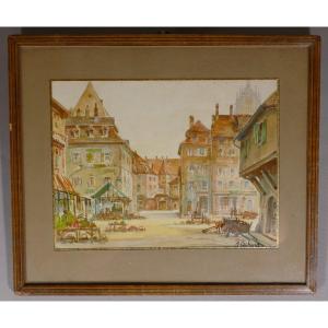 Schlestadt, Sélestat, Alsace, Watercolor Of A Town Square By M Cochard, Early 20th Century