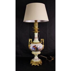 Large Painted Porcelain And Gilt Bronze Lamp, Sleigh And Snow Decor, XIXth