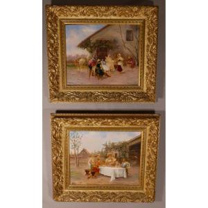 School Of Auguste Detti, Pair Of Paintings On Panels, Meal Scene In Costume, Early 20th Century