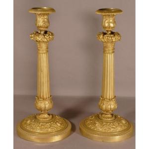 Pair Of Candlesticks In Bronze And Gilded Brass, Restoration Period, Early XIXth