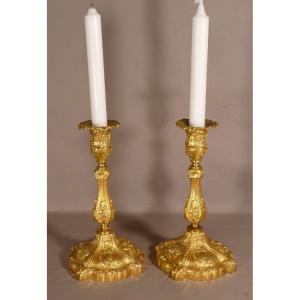 Henri Picard, Pair Of Napoleon III Candlesticks In Gilt Bronze, XIX