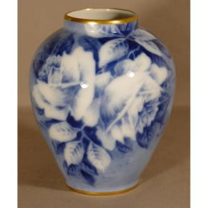 Small Vase With Blue Roses In Limoges Porcelain Hand Painted, XXth