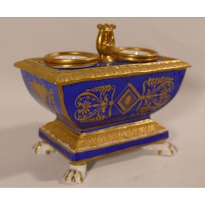 Samson, After Dagoty, Inkwell In Blue And Golden Restoration Porcelain, XIXth