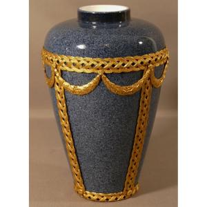 Earthenware Vase Blue Gray Speckled Granite And Gilt Bronze, XIXth Time