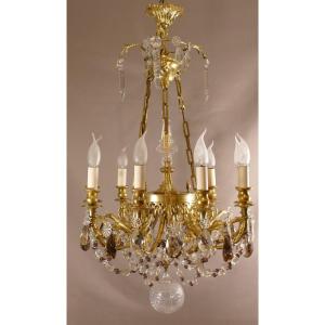 9-light Chandelier With Eagles In Gilt Bronze And Transparent Crystal And Amethyst, Early 20th Century