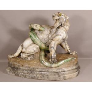 Panther Attacked By Snake, Important Animal Group In Marble, Late XIX