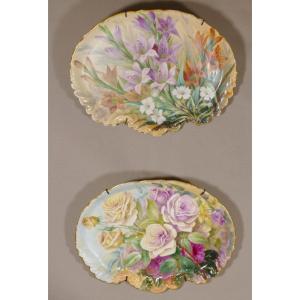 Roses And Gladiolus, Pair Of Hand Painted Porcelain Dishes By Sénamaud, Late 19th Century