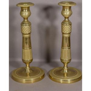 Pair Of Directoire Candlesticks In Gilt Bronze Late Eighteenth Century