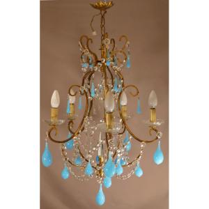 Cage Chandelier With Turquoise Drops In Opaline And Golden Iron, Mid Twentieth Time
