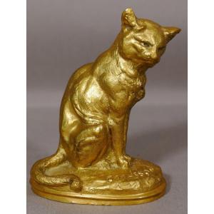 The Cat By Clovis Edmond Masson, Statuette In Gilt Bronze XIXth Century
