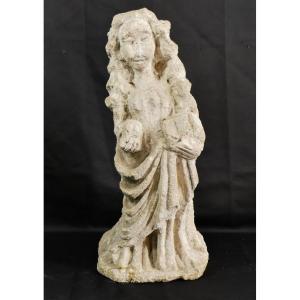 Statue Of The Virgin In Carved Stone, XVIth-xviith Century Period