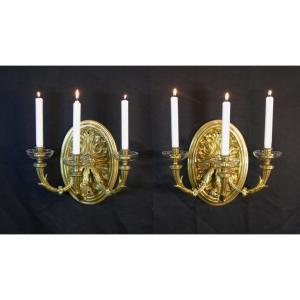 Pair Of Wall Lamps With 3 Napoleon III Lights In Gilt Bronze And Crystal, XIXth