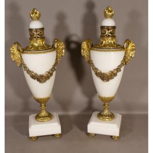 Pair Of Cassolettes In Marble And Gilt Bronze With Rams Louis XVI Style, XIX