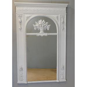 Louis XVI Trumeau Mirror In Painted Carved Wood, XIXth Time