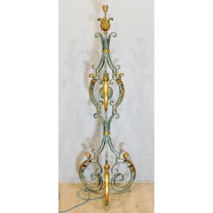 Patinated And Gilded Wrought Iron Floor Lamp Aus Fleurs De Lys, French Work From The 1940s