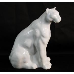The Panther, Art Deco Statuette In White Porcelain Manufacture Haviland, Limoges