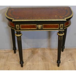 Napoleon III Game Table Console In Thuya Burl, Blackened Wood And Bronze, XIXth Time