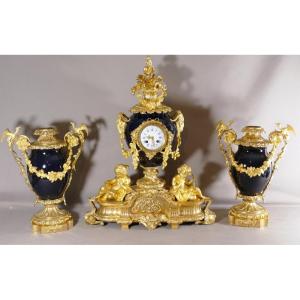 64 Cm, Fireplace Trim, Jean Aimé Jacob Pendulum And Sèvres Porcelain Cassolettes XIX