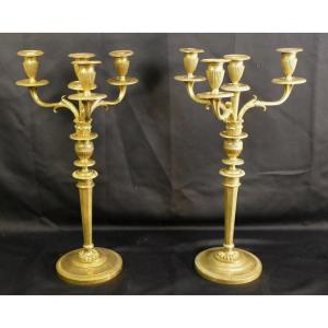 Pair Of Directoire Style Candlesticks In Gilt Bronze In The Taste Of Claude Galle, XIX