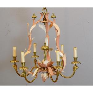 Maison Baguès, Chandelier With Camels And Foliage In Bronze, Brass And Painted Sheet Metal, Circa 1980