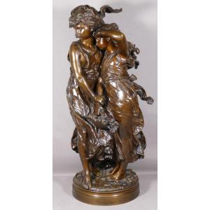 Hippolyte François Moreau, Young Girls In The Wind, Large Patinated Bronze Sculpture, XIX