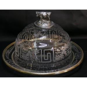 Cow Cheese Bell In Crystal And Silver Metal, Early 20th Century
