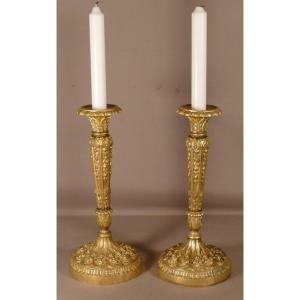 Pair Of Bronze Candlesticks Chiseled With Flowers, Restoration Period, 19th Century
